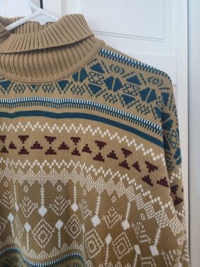 Turtleneck Fair Isle Sweater in Camel and Teal